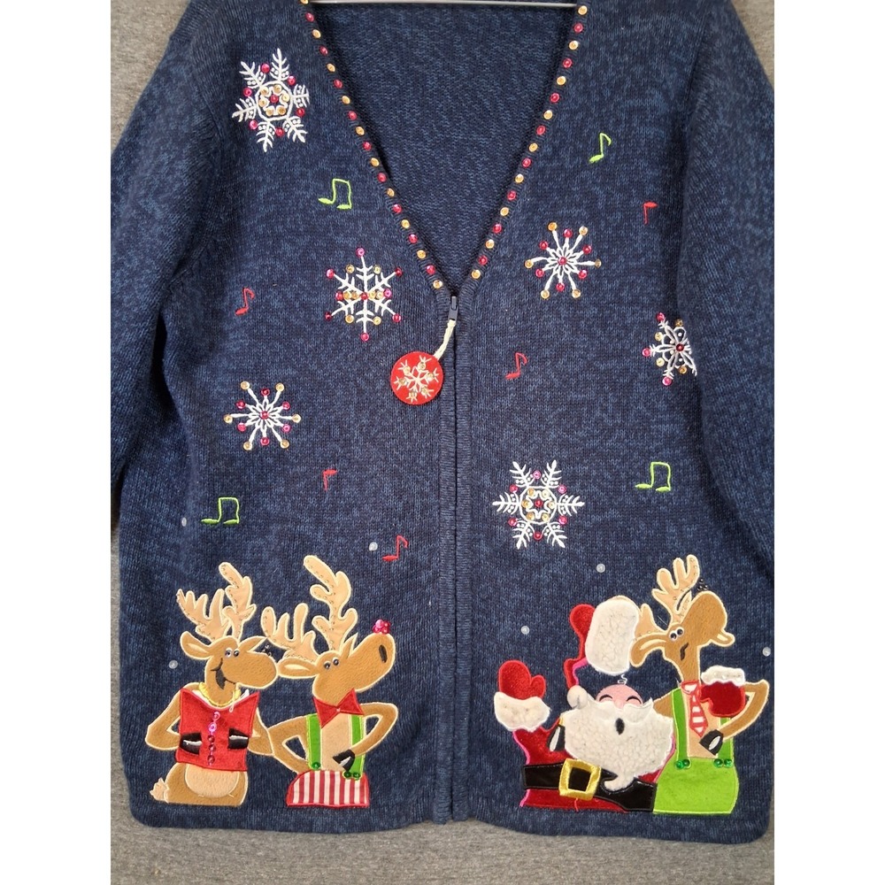VTG Tiara International Womens Sweater 1X Blue Zip Cardigan Reindeer Christmas